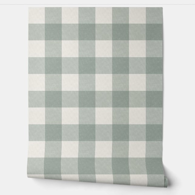 Gingham checks plaid light sage green large wallpaper  (Unrolling)