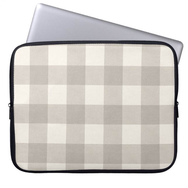 Gingham checks plaid neutral beige laptop sleeve (Front)
