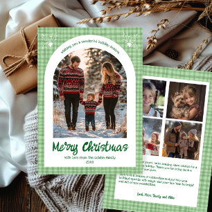 Gingham Christmas Green Custom Arch 5 Photo Holiday Card