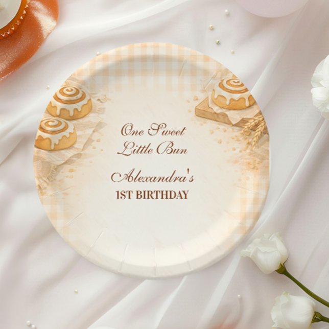 Gingham Cinnamon Roll Little Bun 1st Birthday Paper Plates (Creator Uploaded)
