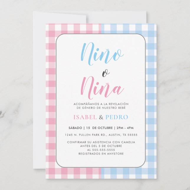 Gingham Classic Nino o Nina Spanish Gender Reveal Invitation (Front)