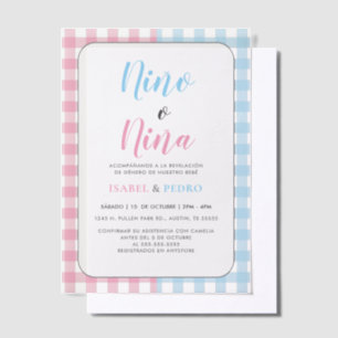 Gingham Classic Nino o Nina Spanish Gender Reveal Vellum Invitations