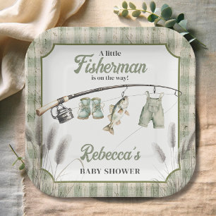 Gingham Clothesline Fishing Baby Shower Decor Paper Plates