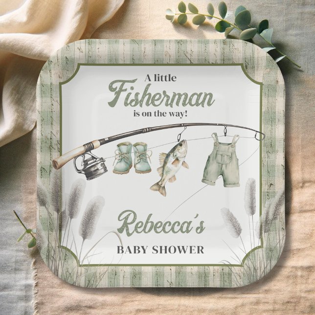 Gingham Clothesline Fishing Baby Shower Decor Paper Plates (Creator Uploaded)