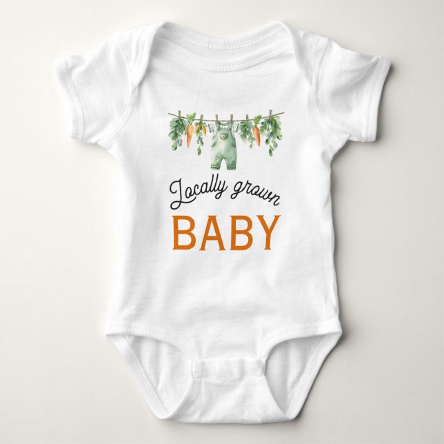 Gingham Clothesline Locally Grown Baby Shower Bodysuit (Front)
