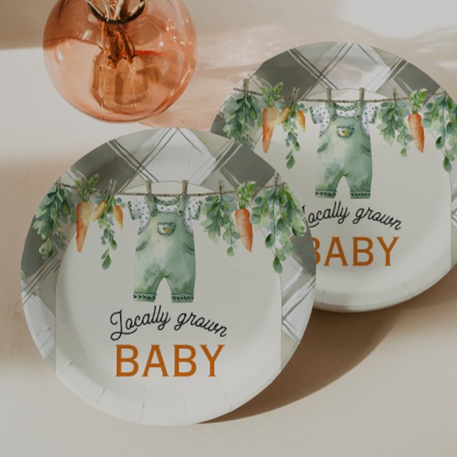 Gingham Clothesline Locally Grown Baby Shower Paper Plates (Creator Uploaded)