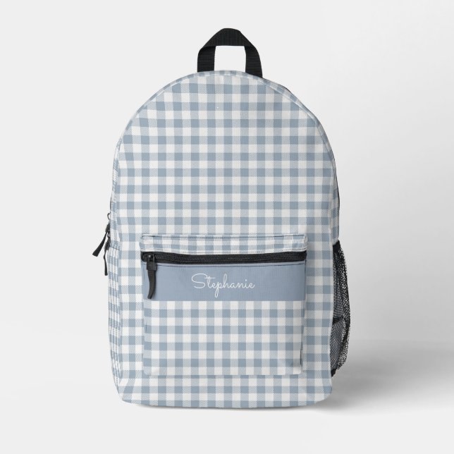 Gingham Coastal Plaid Preppy Check Blue White Name Printed Backpack (Front)