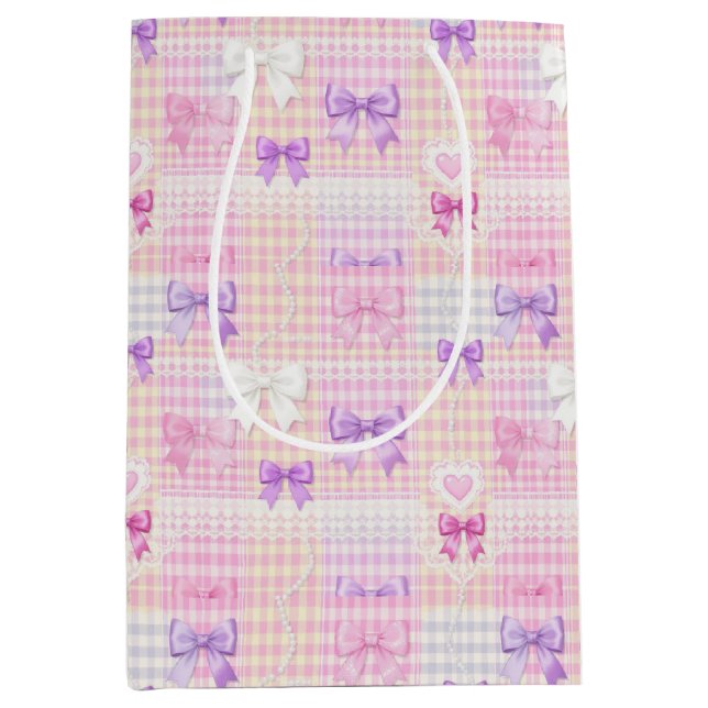 Gingham Coquette Bows Baby Shower Girls Birthday Medium Gift Bag (Front)