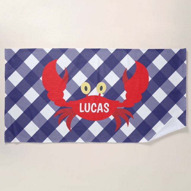 Gingham Crab Personalized Beach Towel (Front)