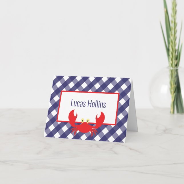 Gingham Crab Personalized Folded Note Cards (Front)