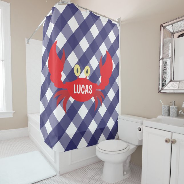 Gingham Crab Personalized Shower Curtain (In Situ)