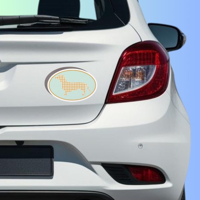 Gingham Cream Tan Dachshund Car Magnet (Unique and super cute gingham cream dachshund oval car magnet for your sausage dog mobile.)
