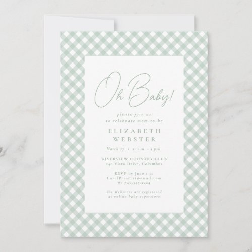 Gingham cute neutral green baby shower invitation
