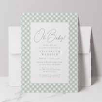 Gingham cute neutral green baby shower invitation