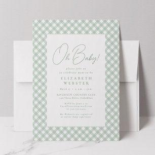 Gingham cute neutral green baby shower invitation