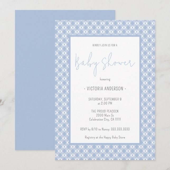 Gingham Cute Pastel Blue Boy Baby Shower Invitation (Front/Back)