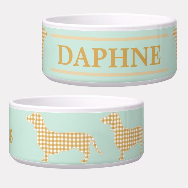 Gingham Dachshund on Duck Egg Blue - Traditional Bowl (Custom for your little Doxie, this cute pet bowl features cream gingham dachshunds on a mint backgro)