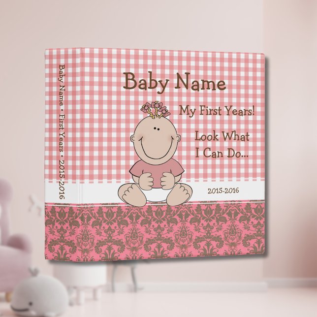 Gingham Damask Baby Girl Cartoon Pink 3 Ring Binder (Creator Uploaded)