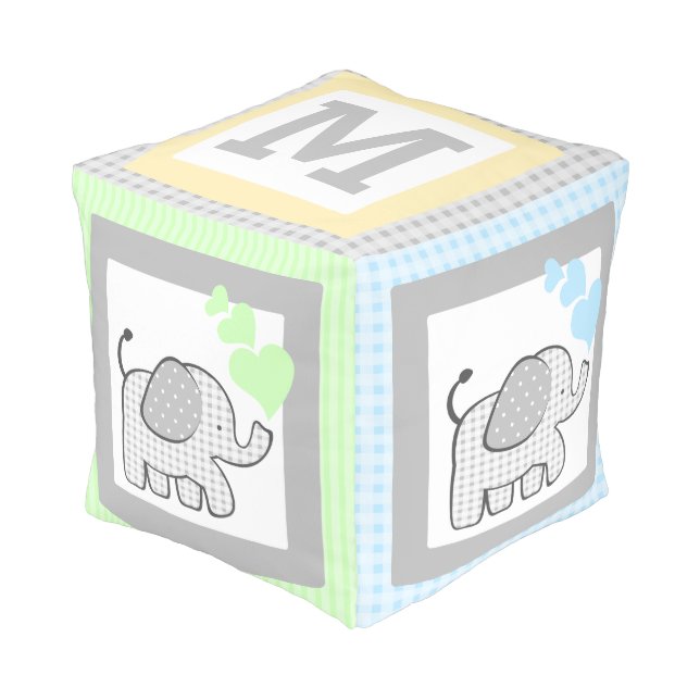 Gingham Elephant Baby Block Pouf (Angled Front)