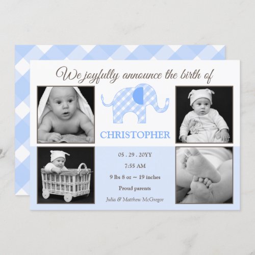 Gingham Elephant Baby Boy Photo Birth Announcement