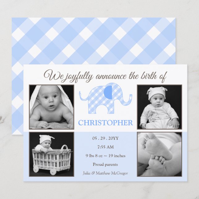 Gingham Elephant Baby Boy Photo Birth Announcement (Front/Back)
