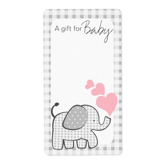 Gingham Elephant Book Tags Pink Hearts (Front)