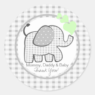 Gingham Elephant with Green Hearts Classic Round Sticker