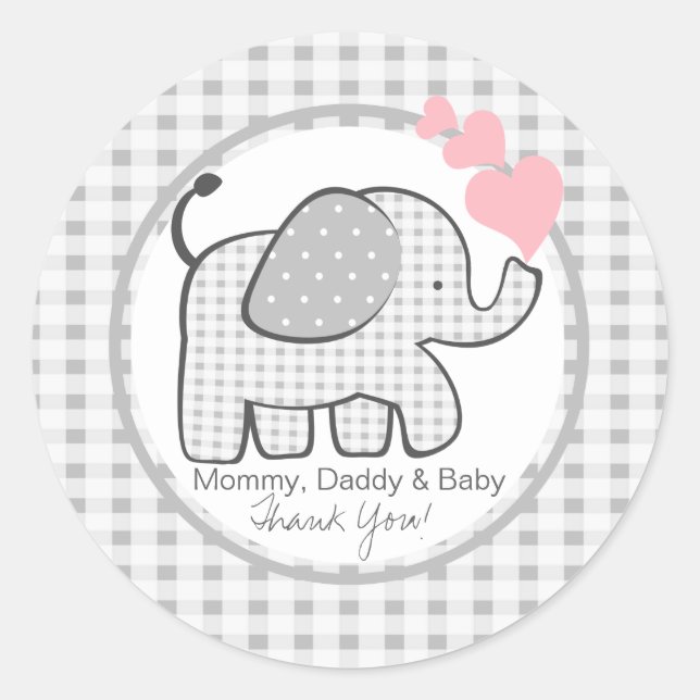 Gingham Elephant with Hearts Classic Round Sticker (Front)