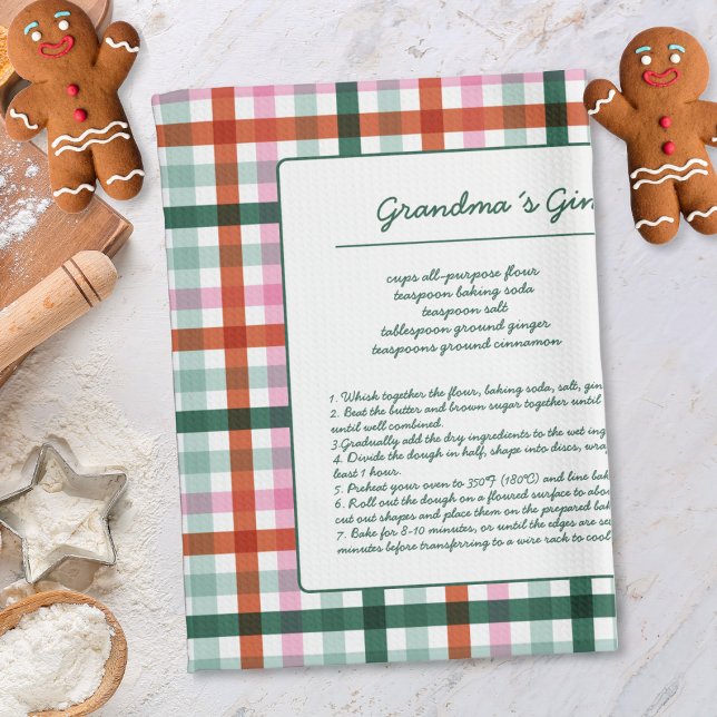 Gingham Family Recipe Keepsake  Kitchen Towel (Christmas Recipe Kitchen Towel with a modern plaid pattern. Add your recipe personalized keepsake.)