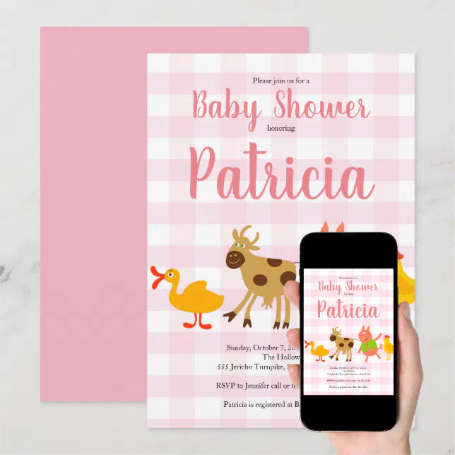 Gingham Farm Animal Baby Girl Shower Invitation Zazzle