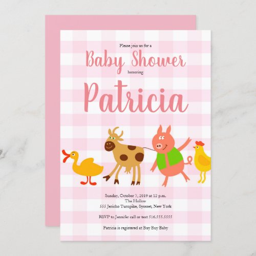 Gingham Farm Animal Baby Girl Shower Invitation