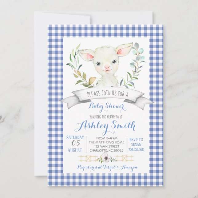 Gingham farm sheep baby shower invitation (Front)
