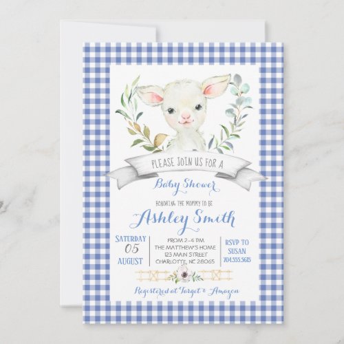 Gingham farm sheep baby shower invitation