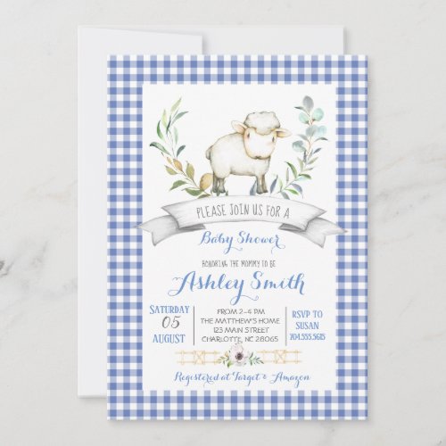 Gingham farm sheep baby shower invitation