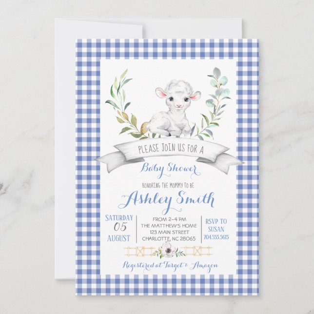 Gingham farm sheep baby shower invitation (Front)