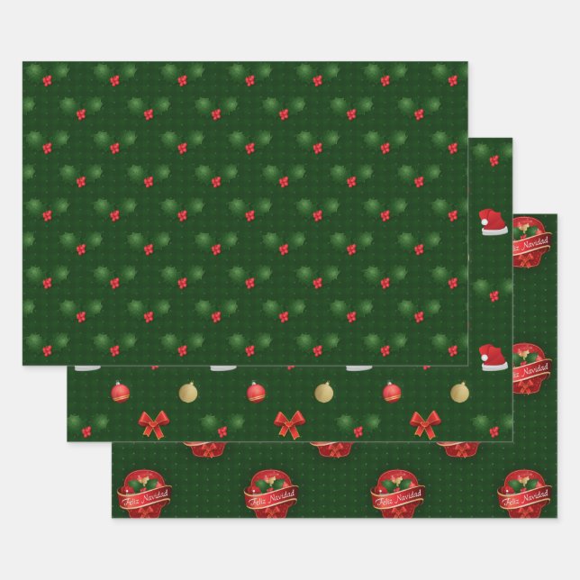 Gingham Feliz Navidad Holly Berries Wrapping Paper Sheets (Set)