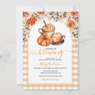  Gingham Floral A Baby Is Brewing Pumpkin Spice  Invitation