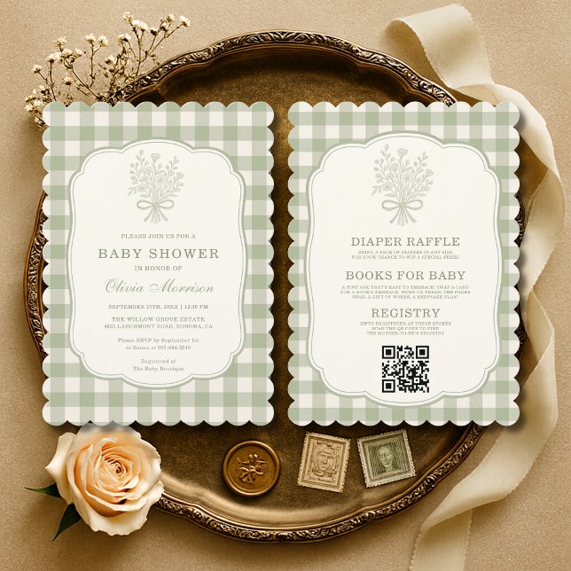 Gingham Floral Bow All in One Baby Shower Invitation (Creator Uploaded)