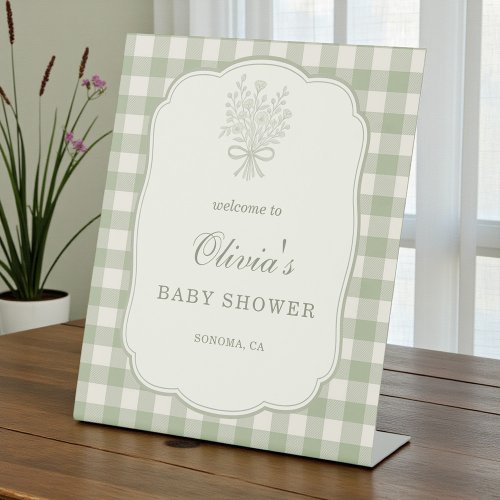 Gingham Floral Bow Baby Shower Welcome Sign by Pretty Girly Designs