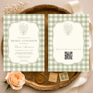 Gingham Floral Bow Bridal Luncheon QR Code Invitation