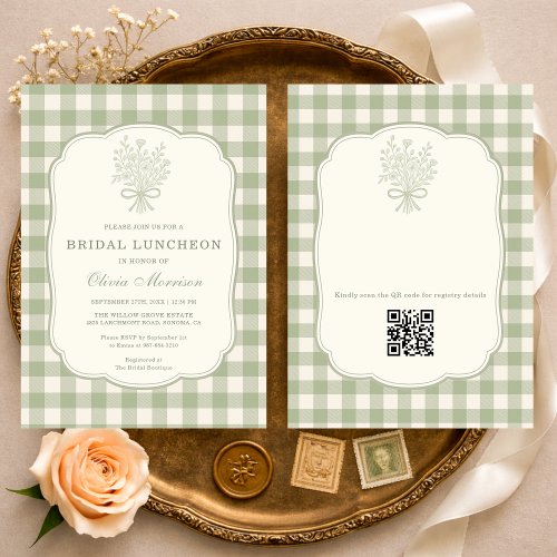 Gingham Floral Bow Bridal Luncheon QR Code