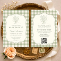 Gingham Floral Bow QR Code All in One Baby Shower Invitation