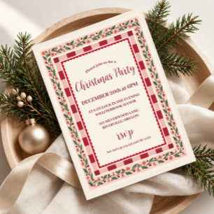 Gingham Floral Christmas Party Invitation