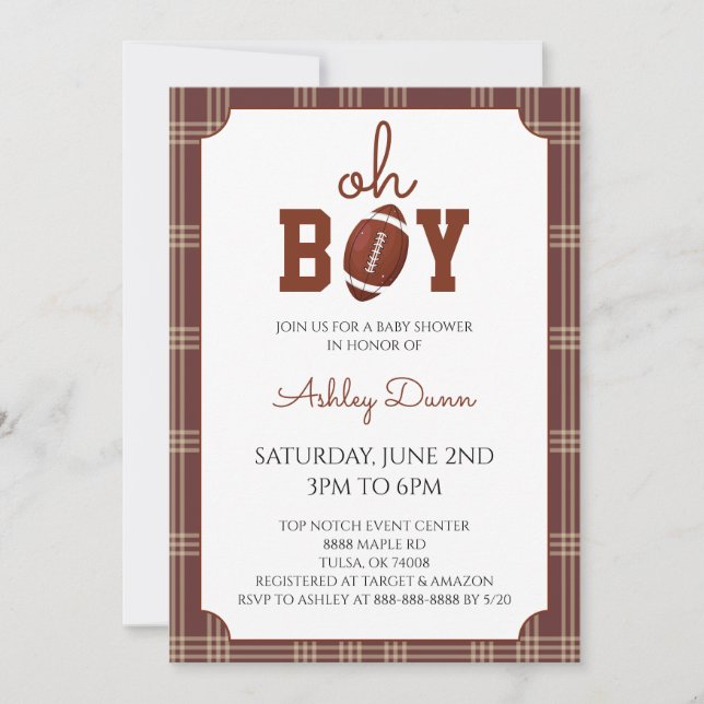 Gingham Football Baby Shower Invitation (Front)