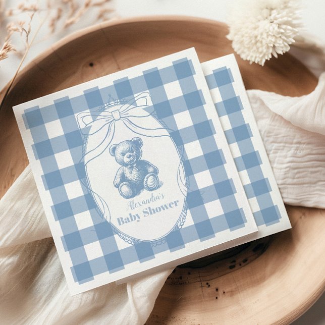 Gingham French Teddy Bear Baby Shower Napkins (Creator Uploaded)
