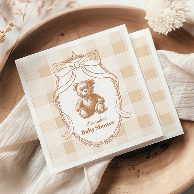 Gingham French Teddy Bear Baby Shower Napkins (Creator Uploaded)