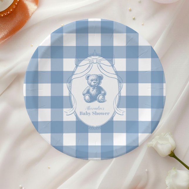 Gingham French Teddy Bear Baby Shower Paper Plates (Creator Uploaded)