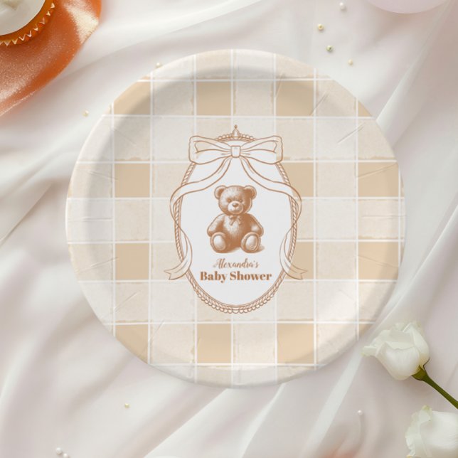 Gingham French Teddy Bear Baby Shower Paper Plates (Creator Uploaded)