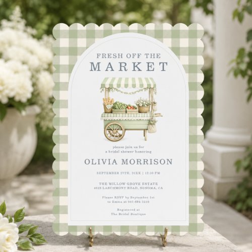 Gingham Fresh Off the Market Green Bridal Shower Invitation
