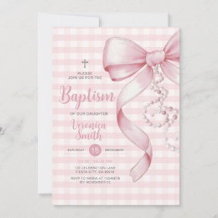 Gingham Girl Baptism Pink Bow Pearl Cross Invitation